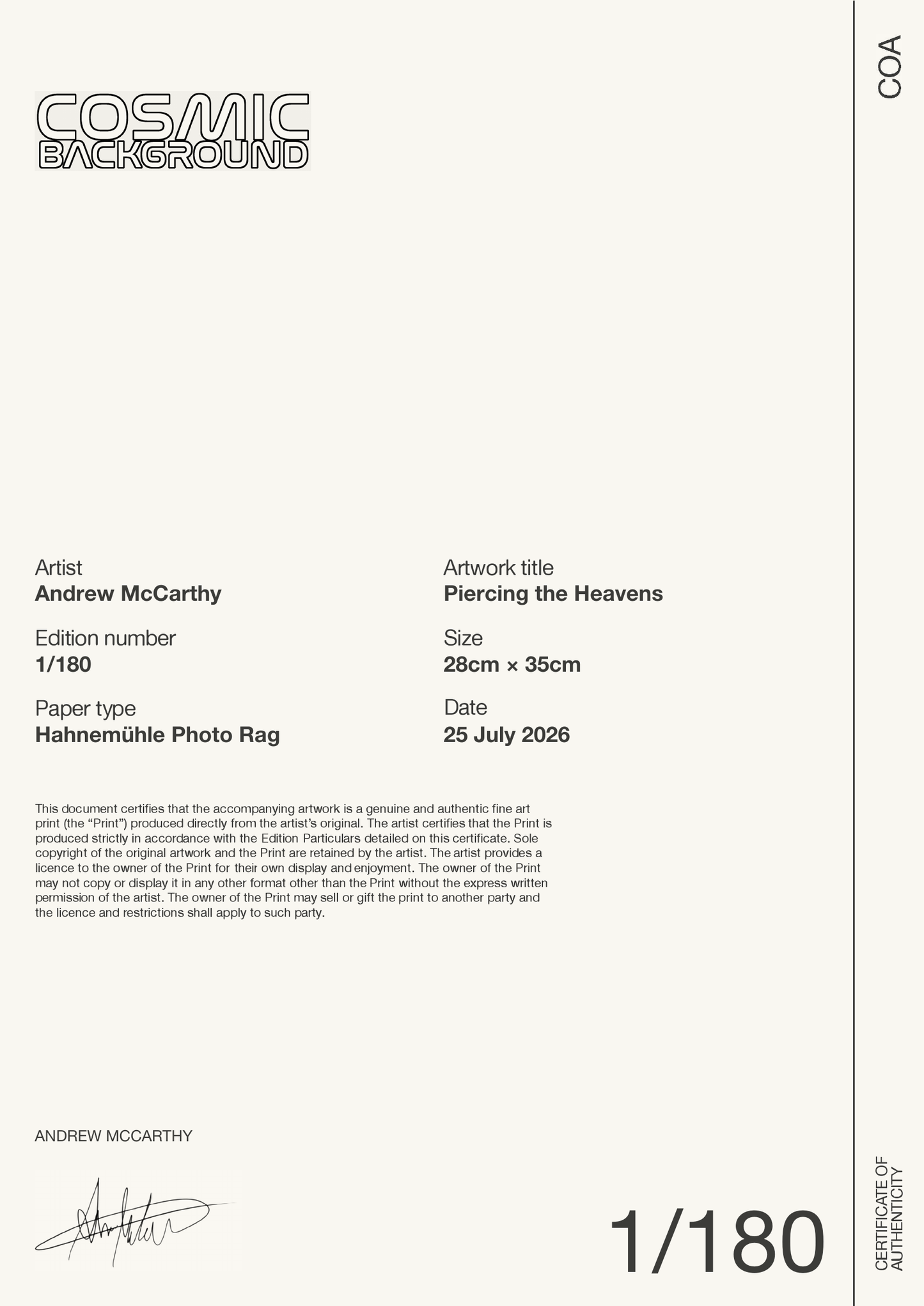 Piercing the Heavens — Certificate of Authenticity