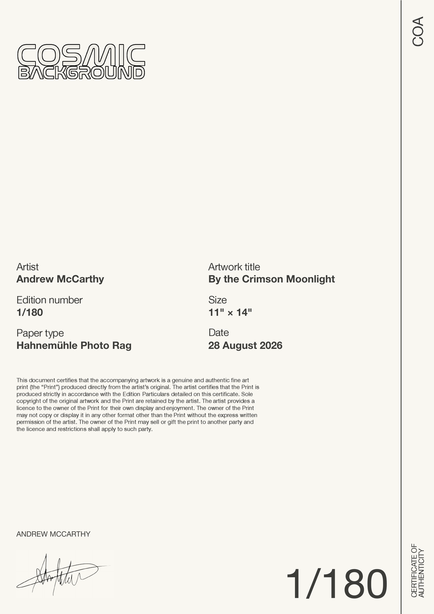 By the Crimson Moonlight — Certificate of Authenticity