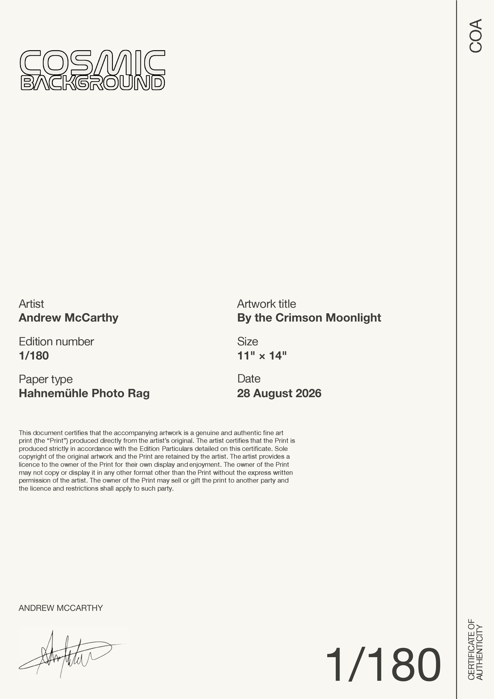 By the Crimson Moonlight — Certificate of Authenticity