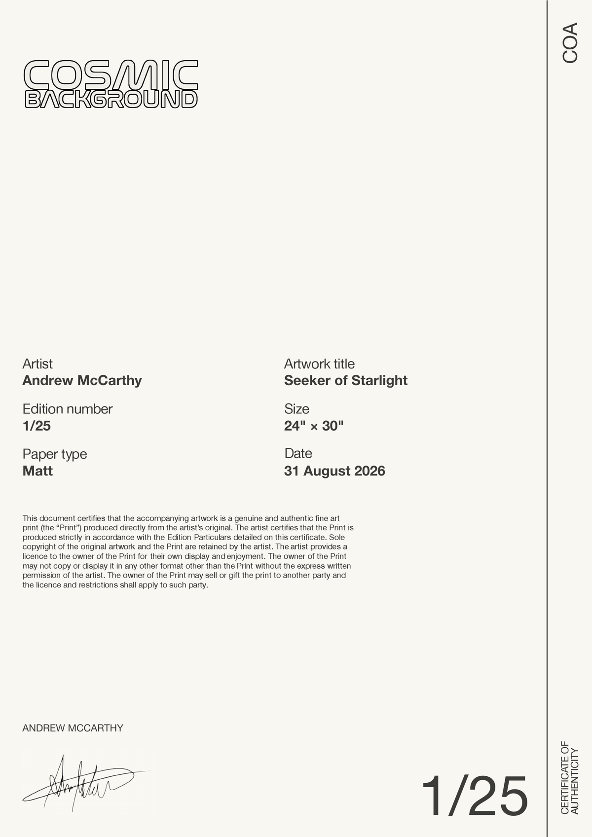 Seeker of Starlight — Certificate of Authenticity