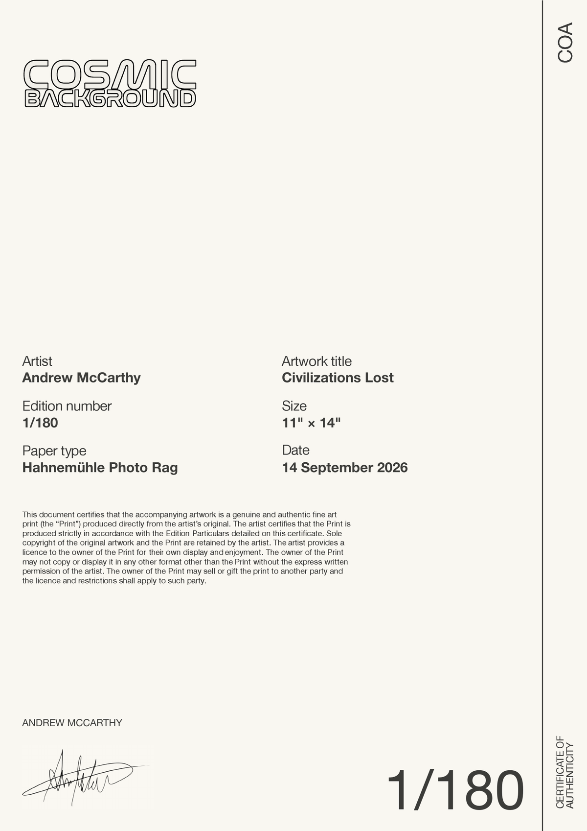 Civilizations Lost — Certificate of Authenticity