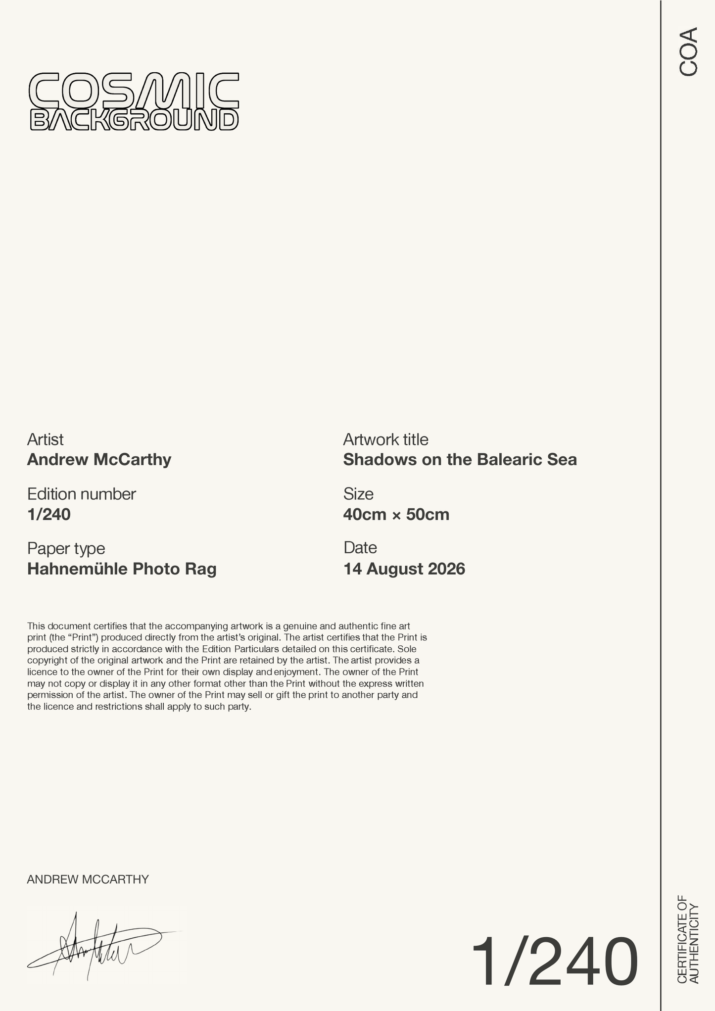 Shadows on the Balearic Sea — Certificate of Authenticity