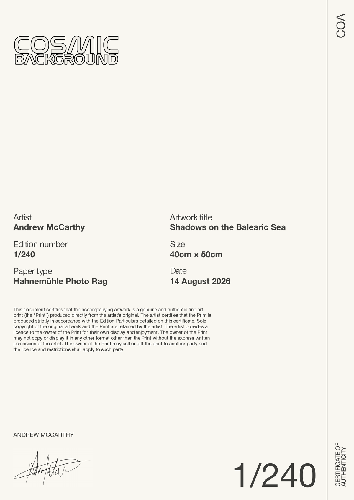 Shadows on the Balearic Sea — Certificate of Authenticity
