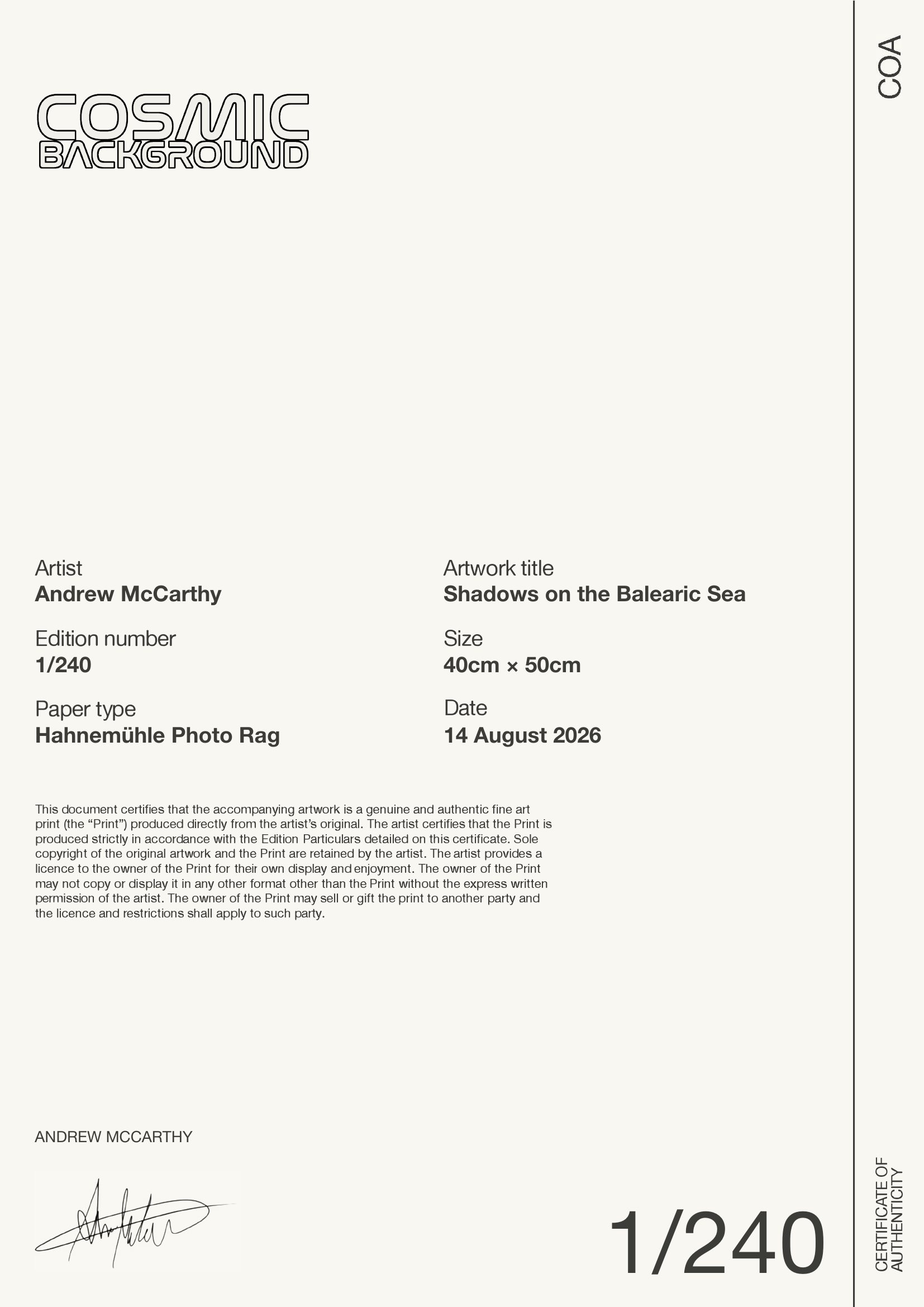 Shadows on the Balearic Sea — Certificate of Authenticity