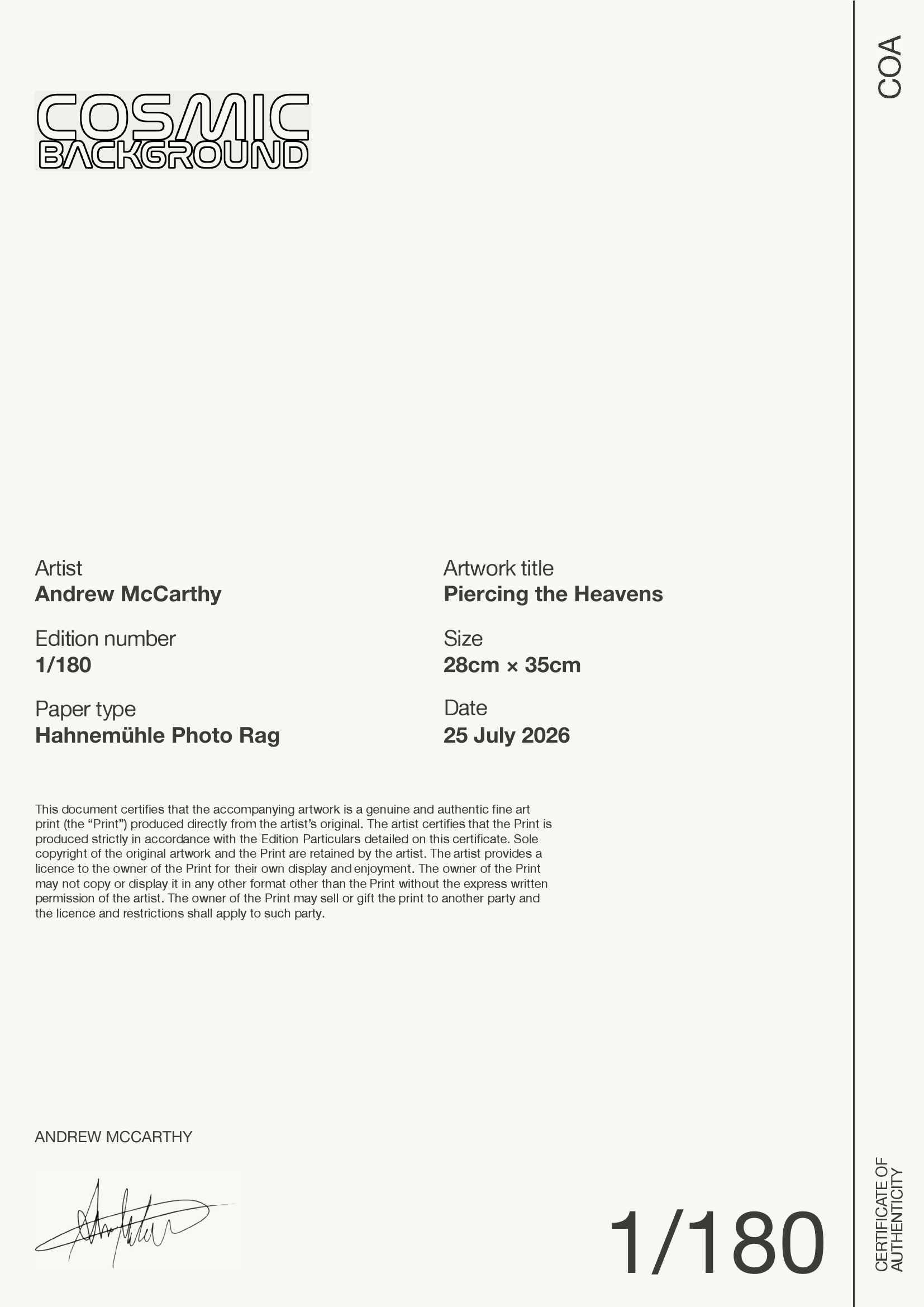 Piercing the Heavens — Certificate of Authenticity