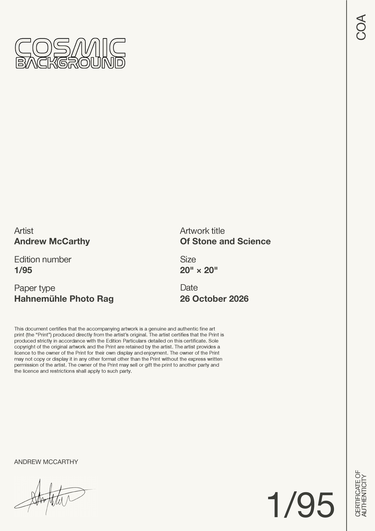 Of Stone and Science — Certificate of Authenticity