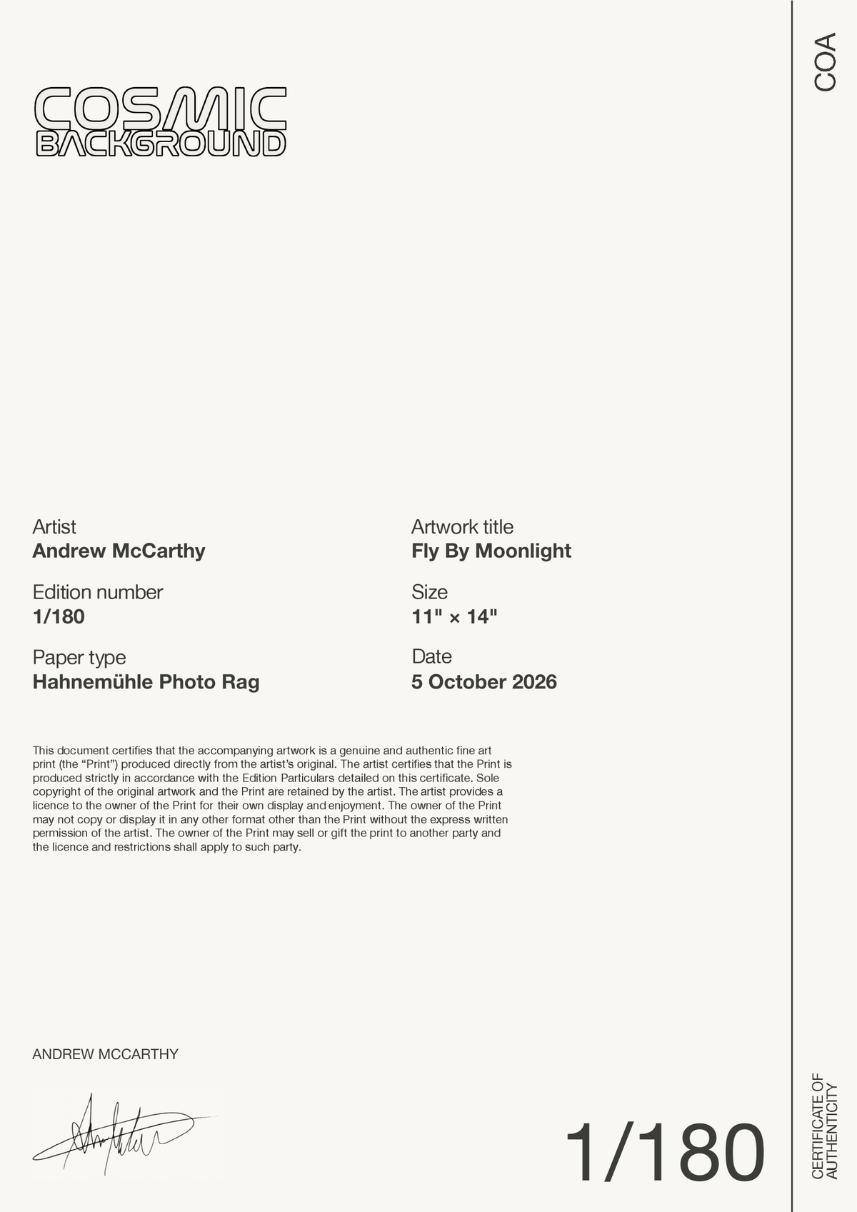 Fly By Moonlight — Certificate of Authenticity