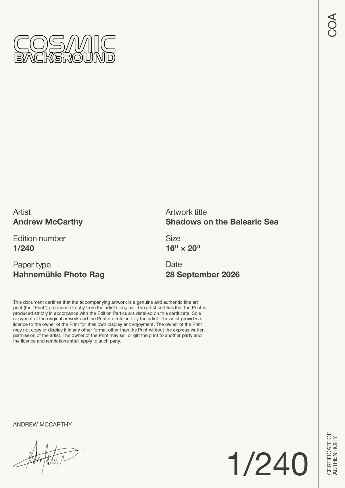 Shadows on the Balearic Sea — Certificate of Authenticity